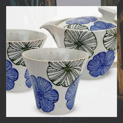 Hasami Porcelain Teapot and Pair Teacup Set ( Japan Hasami ware porcelain ) flower pattern - JapanHapiness